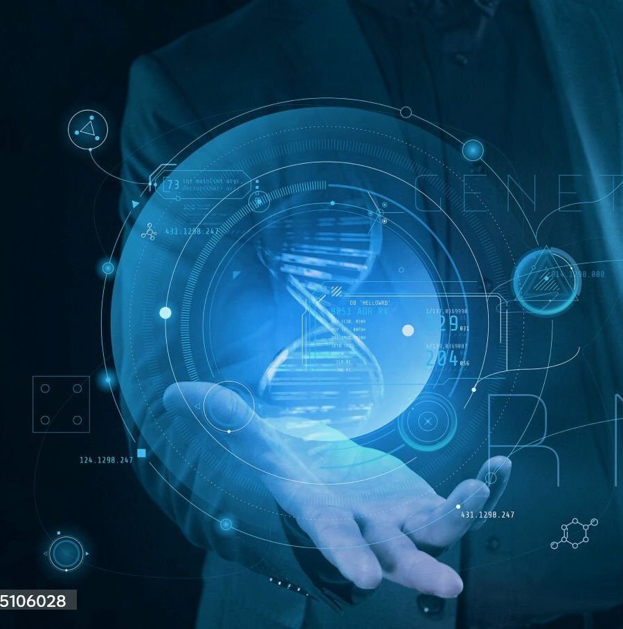 A man holds a projection of a DNA strand in the palm of his hand with infographics.